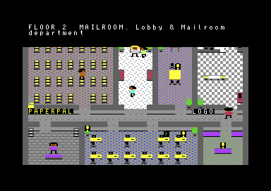 Floor 2 of the tower on the C64: the mailroom, desks, colleagues, a sponsor poster and the elevator lobby