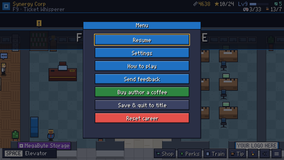 The game menu