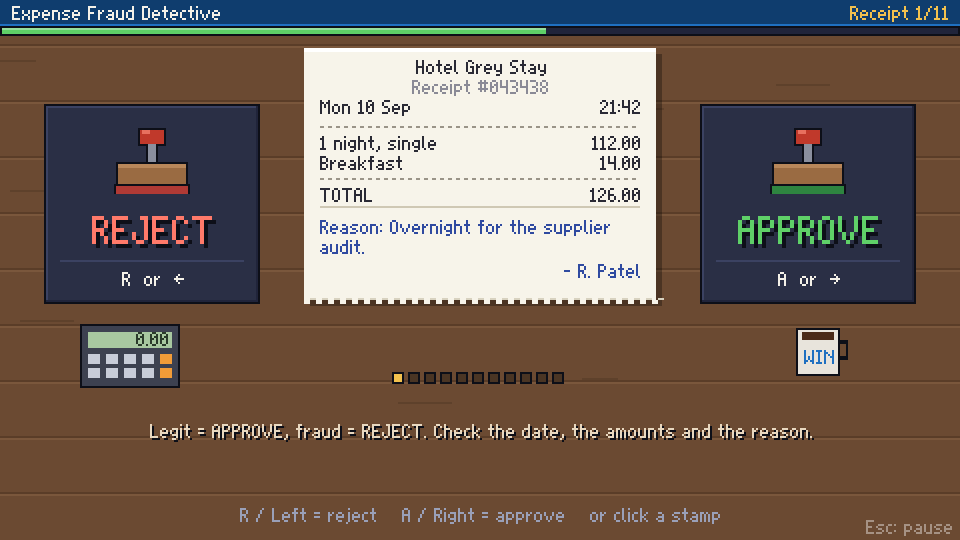 Expense Fraud Detective mini-game screenshot