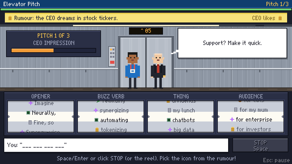 Elevator Pitch mini-game screenshot