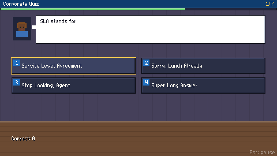 Corporate Quiz mini-game screenshot