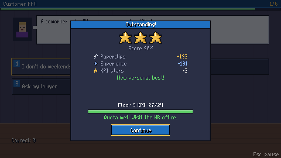 The results screen with three stars