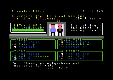 Elevator Pitch mini-game on the C64: four slot-machine reels build a pitch for the CEO