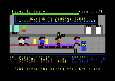Badge Tailgate mini-game on the C64: visitors queue at the badge scanner while you stop the ones without a badge