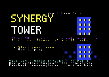 SynergyTower title screen on the Commodore 64: the SYNERGY TOWER logo, an office block and the menu